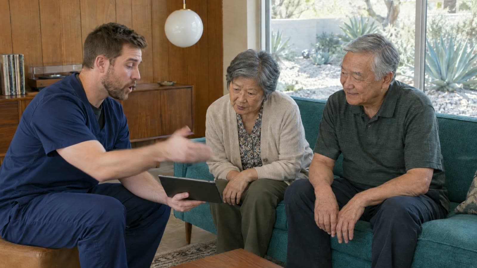 A man in navy scrubs shows something on a tablet to an older couple sitting on a teal sofa.