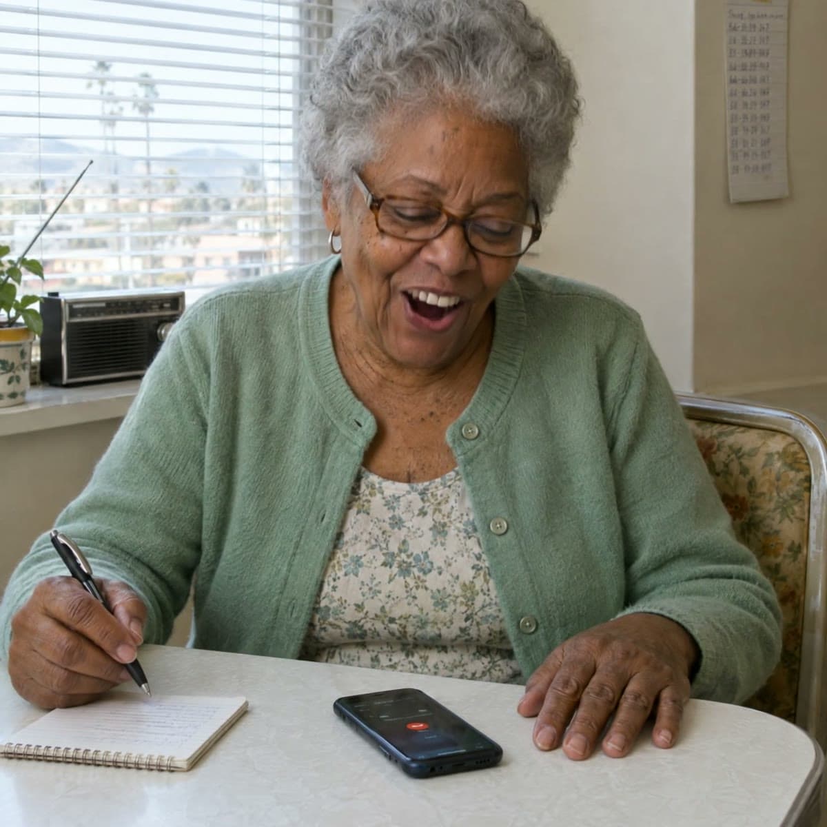 An older woman in a green cardigan smiles as she talks on a speakerphone call at a breakfast nook table, writing on a notepad.