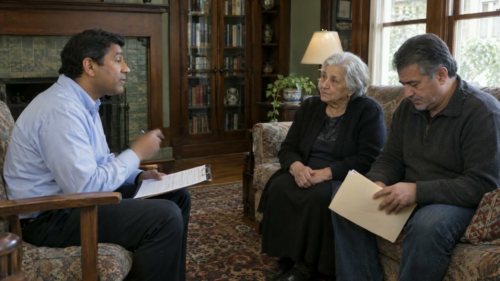 A man in a light blue shirt holding a clipboard talks with an older woman and a younger man on a sofa, in a living room with built-in bookcases.