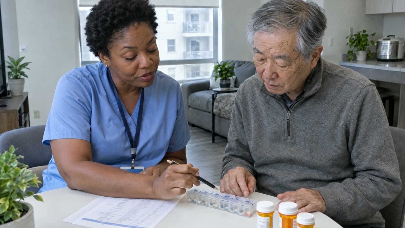 A nurse in light blue scrubs goes over a printed list with an older man at a small round table, with a weekly pill organizer and three pill bottles in front of him.