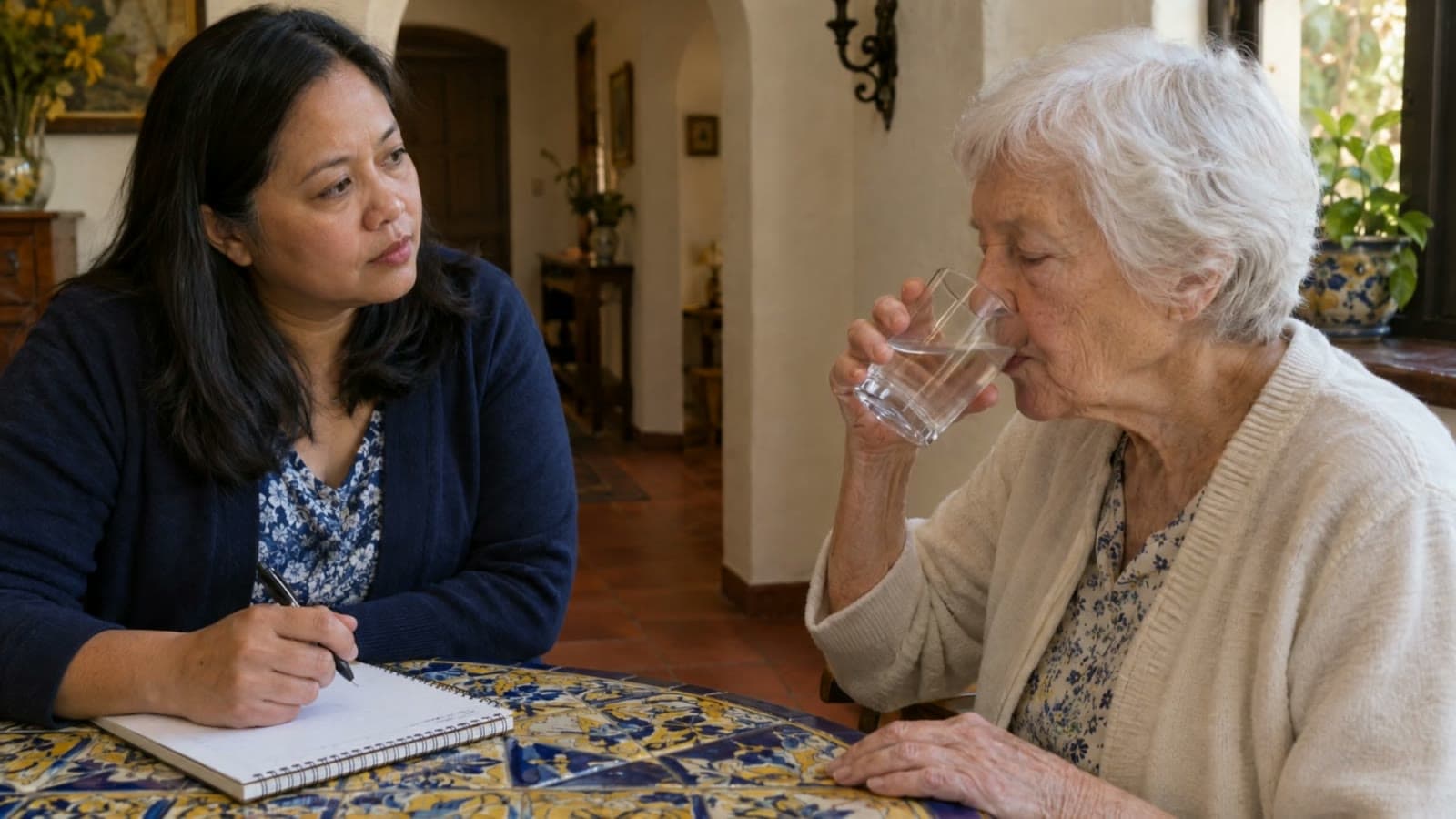An older woman with white hair sips water from a glass while a woman in a navy cardigan watches, pen over a notepad, at a tiled table.