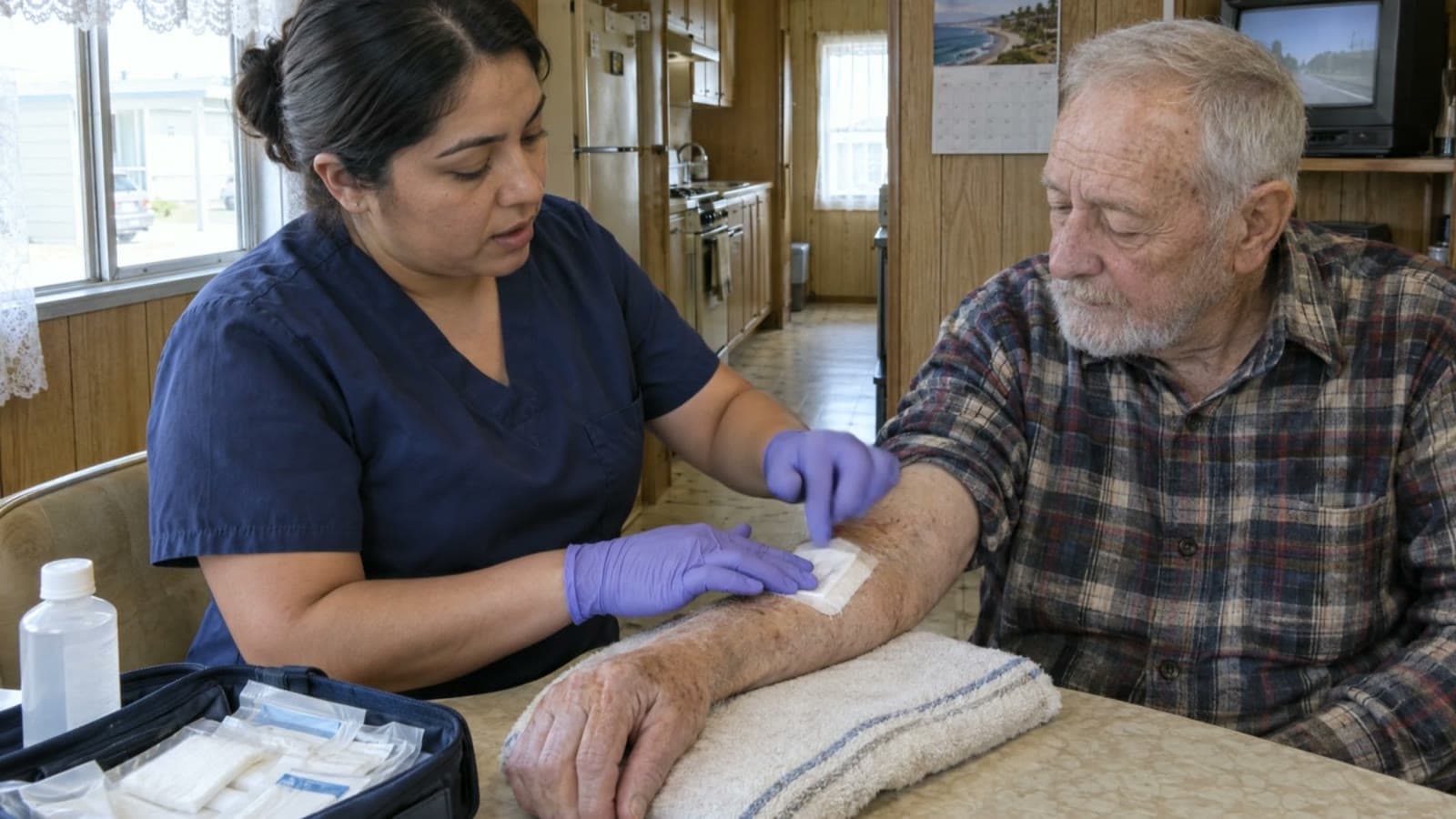 A nurse in navy scrubs and purple gloves presses a square white dressing onto the forearm of an older man with a gray beard, his arm resting on a folded towel.